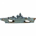 Handcrafted resin, realistic looking abandoned battleship Provides interest, hides and shelter for fish Safe in fresh and saltwater Designed for aquariums, terrariums and most animal habitats Silver tones will illuminate under light
