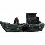 Handcrafted resin, realistic looking abandoned sunken boat Provides interest, hides and shelter for fish Safe in fresh and saltwater Designed for aquariums, terrariums and most animal habitats Silver tones will illuminate under light