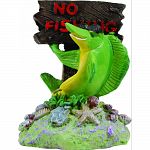 Handcrafted resin, sailfish wearing sunglasses posing by a no fishing sign Provides interest, hides and shelter for fish Safe in fresh and saltwater Designed for aquariums, terrariums and most animal habitats Silver tones will illuminate under light