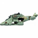 Handcrafted resin, realistic looking abandoned sunken helicopter Provides interest, hides and shelter for fish Safe in fresh and saltwater Designed for aquariums, terrariums and most animal habitats Silver tones will illuminate under light