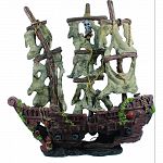 Handcrafted resin, realistic looking abandoned mystery pirate ship Provides interest, hides and shelter for fish Safe in fresh and saltwater Designed for aquariums, terrariums and most animal habitats Silver tones will illuminate under light