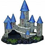 This pretty gray castle with shining blue spires atop her tallest peaks, has large swim through chambers for fish to explore Safe for all fresh and saltwater aquariums