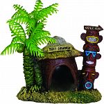 A miniature hut with a perfect little hiding place for your betta. Two tiki totems posing in front of palm trees create a welcoming entrance for your finned friend