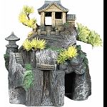 Perched on a rock in the mountain tops, a small asian cottage sits quietly among the peaceful bonsai trees Small openings are prefect for small fish seeking refuge Painted in detail, safe for all aquariums & terraiums.