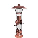 1.5 pound capacity with 4 feeding ports. Base is removable for easy cleaning. Brushed copper finish on metal top and ports. Perches rotate to convert to a goldfinch only feeder.