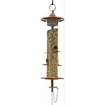 Flared roof design helps protect seed against rain Funnel shaped opening on feed tube eliminates spillage and waste Generous size feed tube holds up to 4 cups of seed Perfectly designed for attracting cardinals, orioles, bluebirds, and more Feeder slides