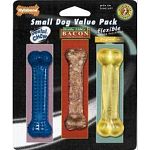 The Small Dog Value Pack of dog bones by Nylabone is a three pack of assorted bones for small dogs up to 10 pounds. Pack includes one Dental Chew, one Healthy Edibles Bacon Bone, and one Flexible Original Bone. Economical and tasty!