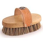 Small western-style strap-back, kiln-dried hardwood oval brush block filled with all-natural union fiber. Embossed, saddle stitched, oiled leather strap attached with nickel-plated domed nails.