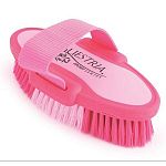 Perfect for scrubbing a dirty horse, the Equestria Sport Oval Body Brush is a waterproof brush that is colorful and durable. Made to be used everyday with your favorite shampoo. May also be used with color enhancers. Brush has a web strap that is snug fit