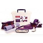 Set includes patterned body brush, dandy brush, face brush, hoof pick, mane comb, glitter jelly curry and soft shammy. Packed in a handy and re-usable carry-box with matching colored handle. Grooming brushes and tools are made from recycled plastic and fe