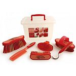 Set includes body brush, dandy brush, face brush, hoof pick, mane comb, and glitter jelly curry. Packed in a handy and re-usable carry-box with matching colored handle. Brushes and tools are made from colorful, recycled plastic and feature soft, comfortab