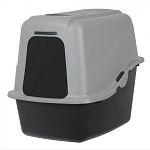 Hooded litter pan has a raised back pan which helps contain litter scatter. Treated with microban which helps prevent the growth of stain and odor causing bacteria. Dimensions: 18.9 l x 15.1 w x 17 h.