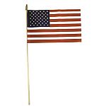 Small, handheld united states flag mounted on a wooden pole. Printed poly/cotton.