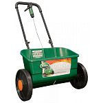 Simple and easy to use, this classic drop spreader can hold approximately 10,000 square feet of lawn care products. Spreader is easy to control and a cushioned grip. Includes a locking release lever and comes fully calibrated.