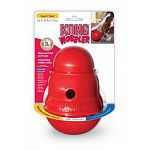 Food dispensing toy and feeder that provides a new way to entertain and challenge your dog. Sits upright until pushed with a dogs paw or nose, then wobbles, spins and rolls, dispensing treats. Designed for dogs less than 25 pounds.