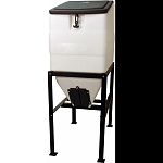 Conveniently stores 270 lbs of feed products while eliminating feed contamination and rodent infestation Also excellent for storing wood pellets The hinged lid lifts up allowing feed product to be poured in Slide hatch at the bottom slides opens to drain