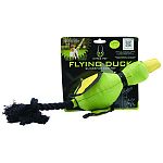 Thumb released slingshot dog toy Made with durable ballistic material Bungy neck launches toy up to 100 feet! Floats in water for summertime fun