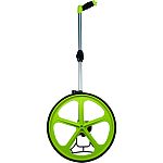 5 digit counter reads to 10,000 units 14.3 inch diameter wheel is perfect for almost any outdoor use Gear driven counter with push button reset and spring loaded kickstand Folding handle with comfortable pistol grip