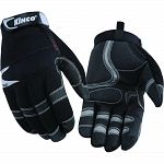 Synthetic leather with extremegrip reinforcing palm material Kevlar thread material to reinforce thumb Form fitting spandex fabric back Rubber hook and loop pull strap for wrist closure Terry cloth sweat wipe on thumb