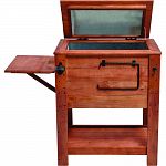 Weathered teak-like stain will last for years. Island height - easy to access the cooler. 57 quart capacitiy cooler keeps beverages cold for 12+ hours. Folded side table for food and drinks, shelf for storage, bottle opener, towel rack and garbage bag hoo