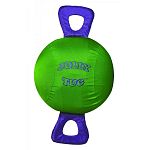 Constructed with an inflatable jolly ball inside of a tough, machine washable cordura-nylon cover. Has 2 handles so that multiple horses can play together, and so you can play tug with your horse. Durable material, along with rope inside the handles, make