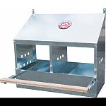 This 2-hold nesting box with front and back panels is made of rust-resistant galvanized steel with folded edges Features ventilation holes and a hinged perch to allow closing Bottom metal inserts are easily removed for cleaning
