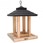 Gazebo feeder holds 8 quarts of seed, and is made of insect and rot resistant premium cedar. . The Gazebo feeder has spacing for larger birds, a wide opening for easy filling, a seed diverter, and drainage. The Gazebo features stay-clear, crack resistant.