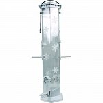 Has winter white snowflake design. Wider tube enable easier filling with less spilling 6 feeding ports 6-sides allow for viewing up to 50% more birds Stay-clear crack resistant tube