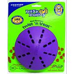 2-piece adjustable rubber treat dispensing toy. Rate of dispersal can be adjusted to suit the interest and ability of the dog. The adjustable opening allows it to be filled with a variety of hard, soft, and smear-able treats.