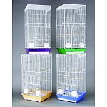 Roomy cage features a large front-opening door, top carryinghandle, removable bottom grille. Also has pull-out bottom drawer for easy cleaning. Includes 2 plastic hooded cups and 2 wood perches and is designed for parakeets, cockatiels and other small to