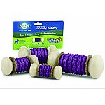Provides multiple treating options for longer lasting playtime. Made of durable nylon and tpr. Use with busy buddy treat ring refills or spread cheese or peanut butter into the grooves on the toy. Includes 4 natural rawhide treat ring refills.