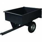 18 gauge steel; welded & powder coated for durability with a removable tail gate. Designed to easily transport and dump heavy loads, strengthened by steel tow bar and undercarriage. Easy to use spring loaded dump mechanism and has a 750 lb. load capacity.