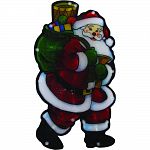 Durable plastic santa with bag of toys, lights up using 10 led lights Battery operated Comes with timer set to 6 hrs on and 18 hours off Actual size: 5 hx.20 wx10 h