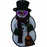 Durable plastic snowman with broom, lights up using 10 led lights Battery operated Comes with timer set to 6 hrs on and 18 hrs off Actual size: 5 x.20 wx10 h