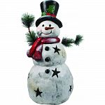Durable plastic, christmas snowman with handpainted black stars and pine branch arms For indoors and outdoors Actual size: 10 lx10 wx22 h