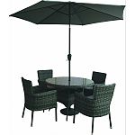 Add some style and comfort to your garden or patio. This 6-piece dining set includes a table, umbrella, and 4 rattan chairs with cushions