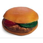 This vinyl hamburger- dog toy has a squeaker and is a great chew toy - but not for aggressive chewers. Great stocking stuffer for your dog or puppy. Size: 4 Inch