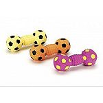 This fun and bumpy Stuffed Latex Soccer Ball Dumbell Dog Toy makes a fun and durable toy for your pooch. Dumbell has a latex shell with fiber fill inside that makes this toy durable and keep its shape. Easy to pick up and carry. Small size.