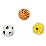 Very durable tpr rubber ball with hollow center and a bell inside. 3 ball assortment: tennis, soccer and basketball.