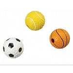 Very durable tpr rubber ball with hollow center and a bell inside. 3 ball assortment: tennis, soccer and basketball. Color: ASSORTED Size: 3.5 inch diameter.    Approximate circumference is 11 ½ inches   Each ball sold individually. Ple