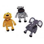 Fun toy with plush head and crinkle material in body. Contains a squeaker for added fun. 3 jungle animal assortment: elephant, lion and zebra.