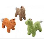 Natural fleece toy with squeaker. 3 color assortment: brown, orange and green.