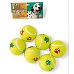 Sold in a package of six, these tennis balls are made with classic tennis ball materials and have a fun pawprint design around the sides of the ball. Available in assorted colors. Fun for any dog and great for a game of catch!