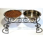 These beautiful mediterranean old world stainless steel double diners have hand crafted scroll work design with a beautiful black powder coat finish that will complement any home decor. Steel frame with 2 stainless steel dishes