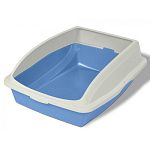The frame on this innovative cat pan reduces litter spills.  It latches lock top frame to bottom pan, holding plastic liner securely in place. Best of all, it is odor and stain resistant and easy to clean. Redesigned litter box has one low side and three