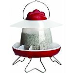 All-weather feeder featuring a top fill design with hood that has an anti-perch rain shield Easy care and scratch guard to minimize waste Fold out legs elevate food to minimize mess Diminision: 10 w x 10 d x 13 h