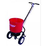 Earthway Estate spreader - broadcast style with a heavy-duty chassis. Assembly required (requires hand tools). Large 8 inch semi-pneumatic wheels. 40 lb. Rust-proof poly hopper.