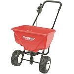 Set-up deluxe fertilizer spreader with 9 inch pneumatic wheels. Holds 65 lbs. of fertilizer or ice melt material with a 3-hole drop system for even spreading of material.