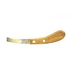 Features a wide stainless steel blade and curved wood handle. A strong, slightly curved knife with its tip turned laterally on itself to form a tunnel. The flat part of the blade is used to trim the bottom of the hoof wall and the curved part t