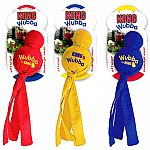 The Kong Wubba Dog Toy is a great interactive dog toss and tug toy. Made of two balls covered in a reinforced nylon fabric that is durable. One ball is a tennis ball and the other is a squeaky ball for hours of fun! Easy to pick and throw with the long ta